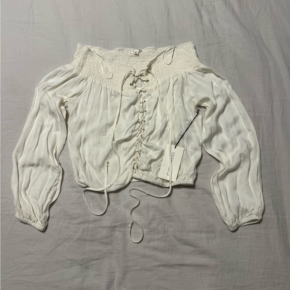 Cotton Candy LA Cream Lace-Up Smocked Blouse